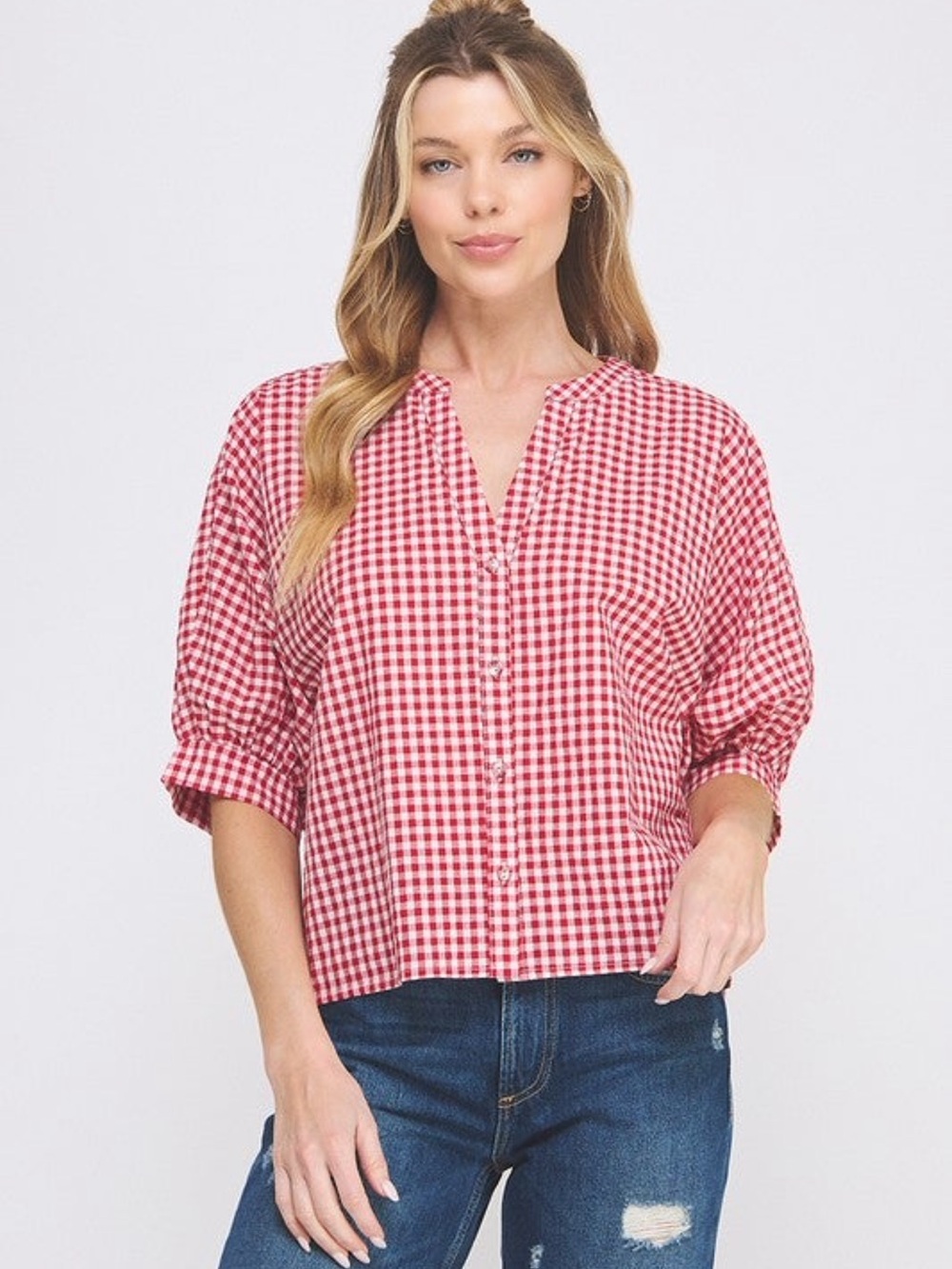 Allie Rose Red Gingham Dolman Sleeve Blouse NWT